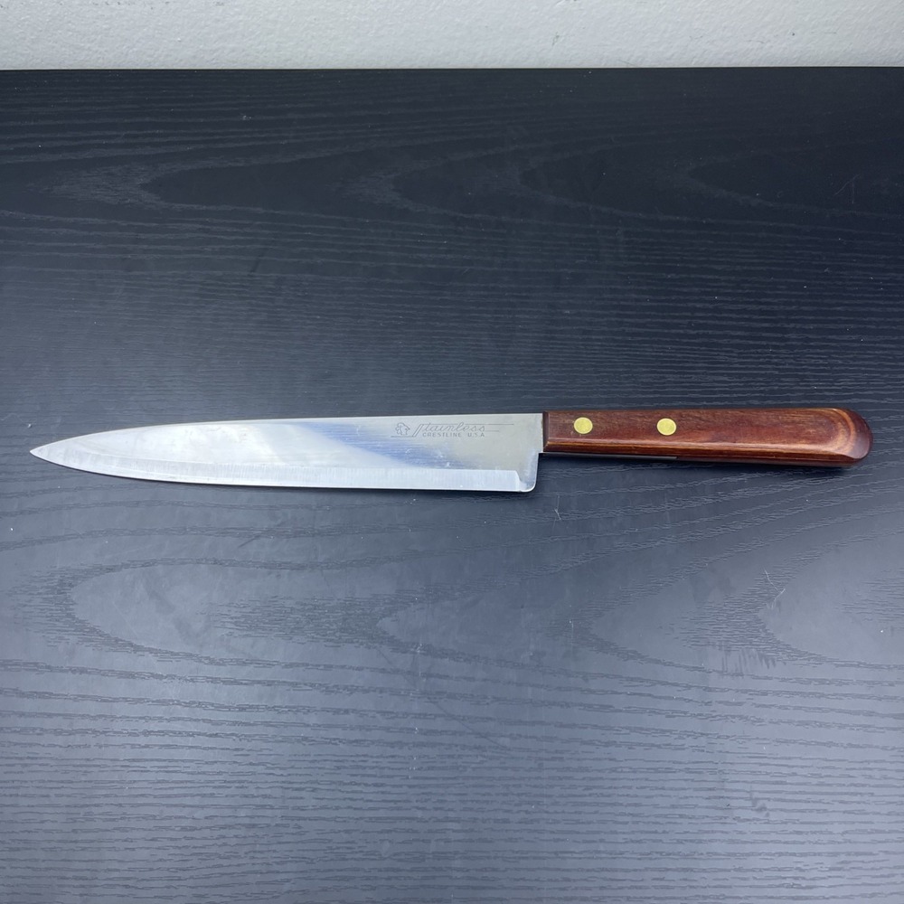 Vintage Stainless Crestline USA Carving Slicing Knife Brown Handle Kitchen Cutle